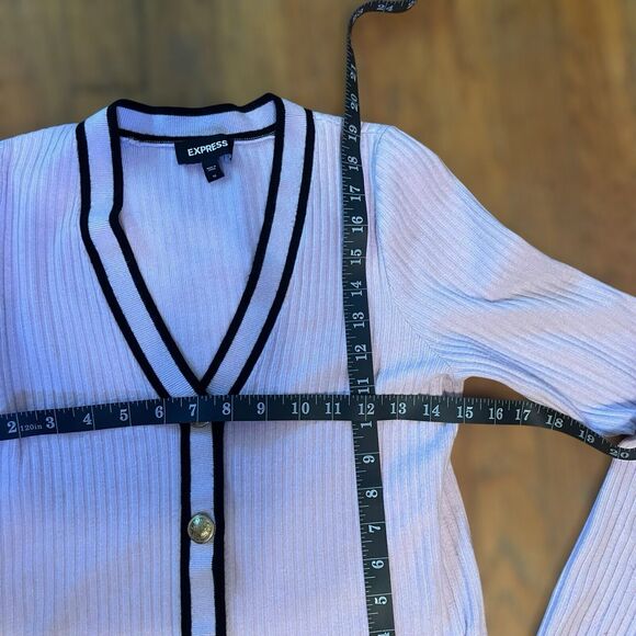 Express Pink Ribbed V-Neck Cardigan Black Trim Gold Buttons Classic Elegant Med - Picture 9 of 13